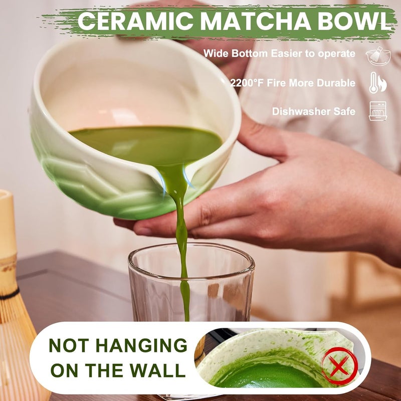 RANERANE Matcha Whisk Set, Lotus Gradient Green Ceramic Matcha Set Includes Matcha Bowl, Matcha Whisk (Chasen) and Holder, Sifter, Bamboo Scoop & Spoon - 6 Pcs Matcha Kit for Matcha Lovers - Image 4